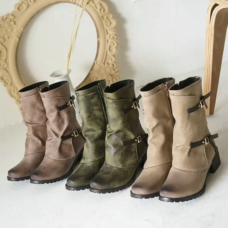 Winter Olive Army Green Womans Shoes Combat Buckle Strap Chunky Low Heels Mid-calf Womens Riding Riding Western Boots