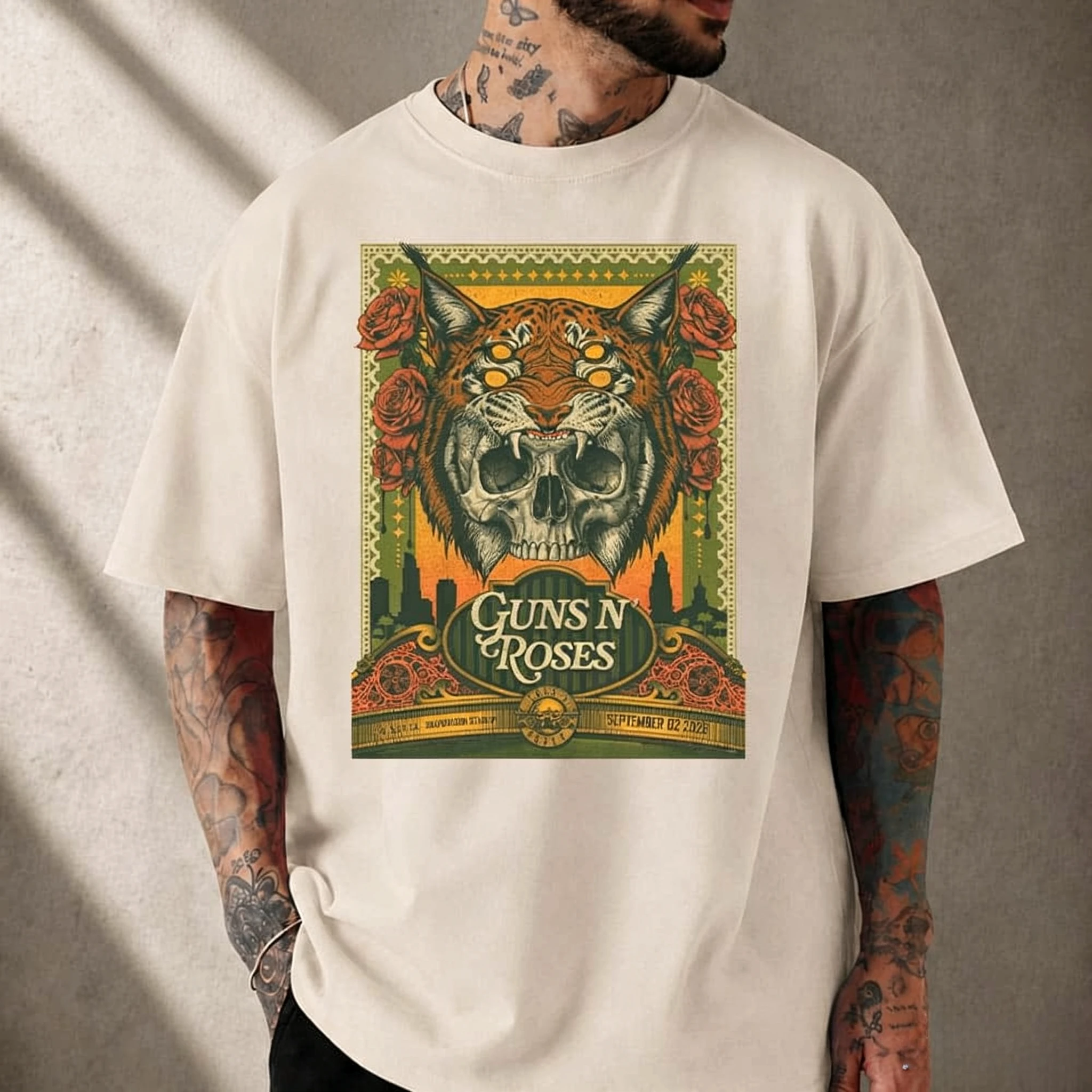 2026 World Tour Snapdragon Stadium Guns N Roses T‑Shirt Tiger Skull Rose Graphic Men Oversized Rock Concert Short Sleeve Tee