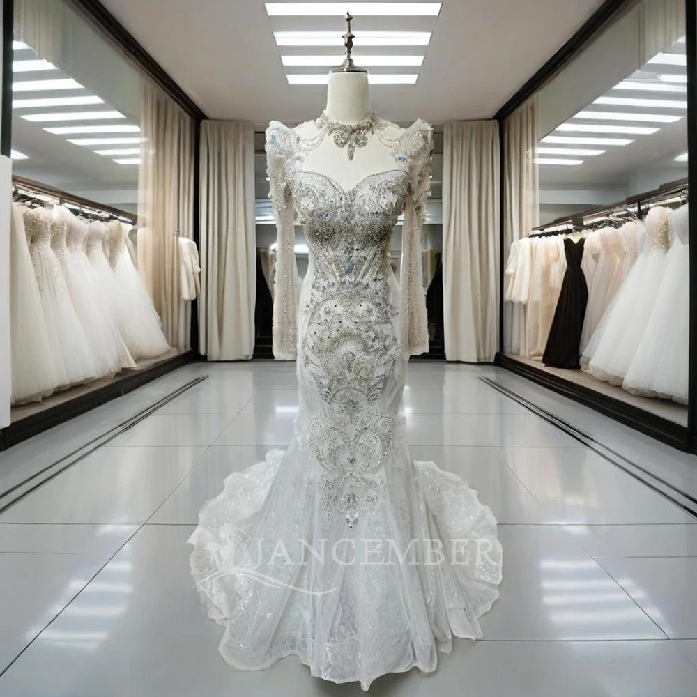 

Princess Long Sleeves Organza Wedding Dresses Plus Size O-Neck Mermaid Bride Gowns Beads Vestido De Noiva Customized DW0023