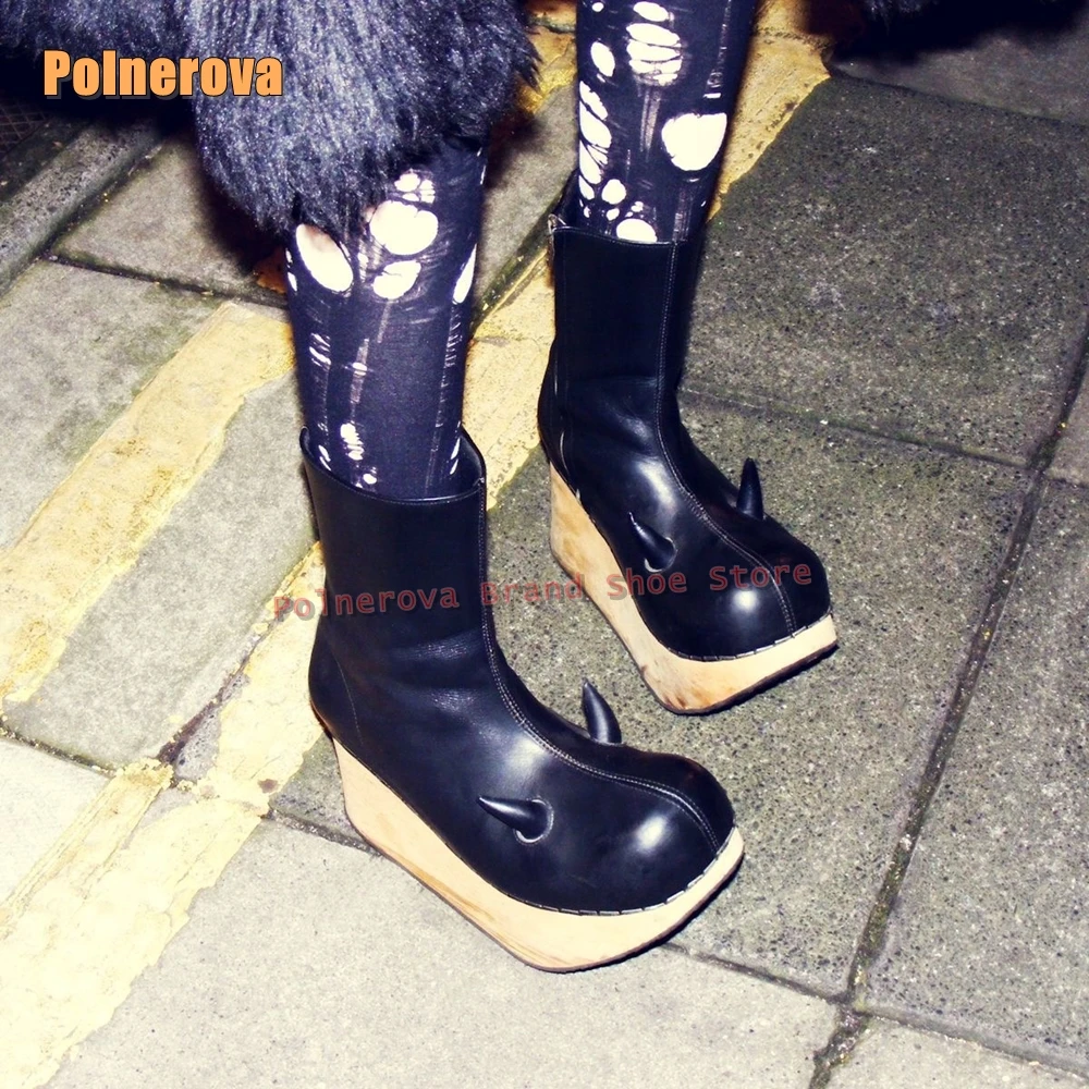 Botas de combate con plataforma decorativa de cuerno de demonio, botines con cremallera de retales con punta redonda y aumento de altura, talla grande, novedad de 2025