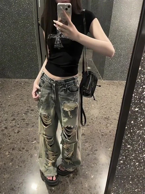 

American Retro Distred Denim High Waist Skinny Wide Leg Autumn Pants for Women Casual Sle High Waist Loose Fit