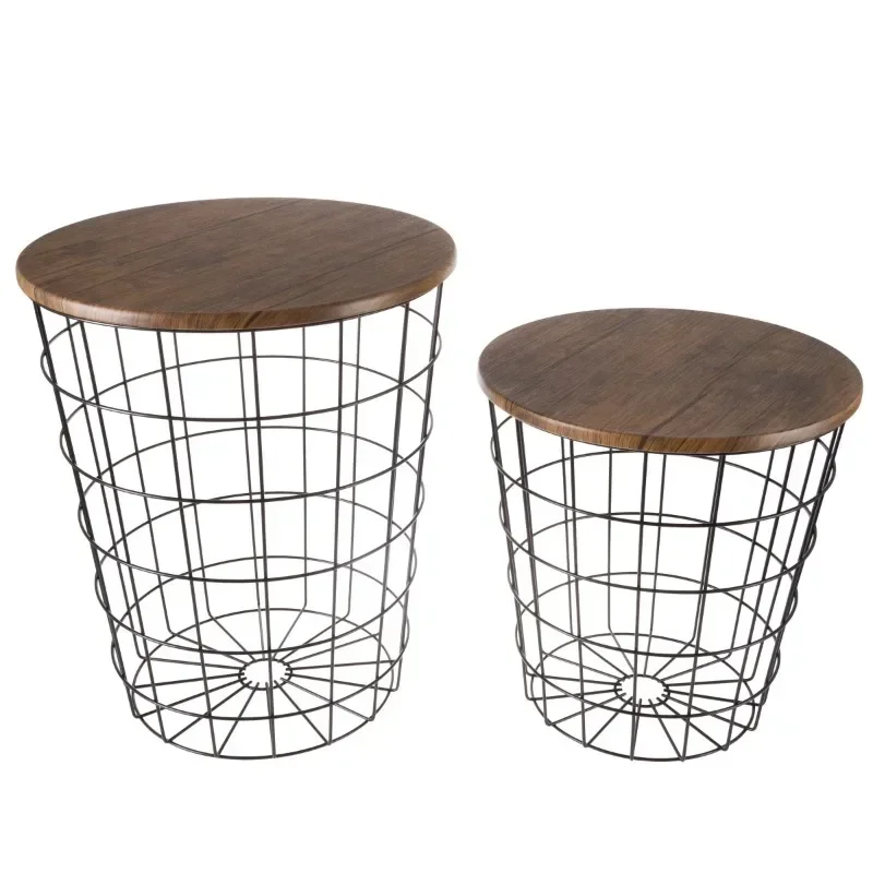 Nesting End Tables with Storage- Set of 2 Round Metal Baskets By Lavish Home (Chestnut)