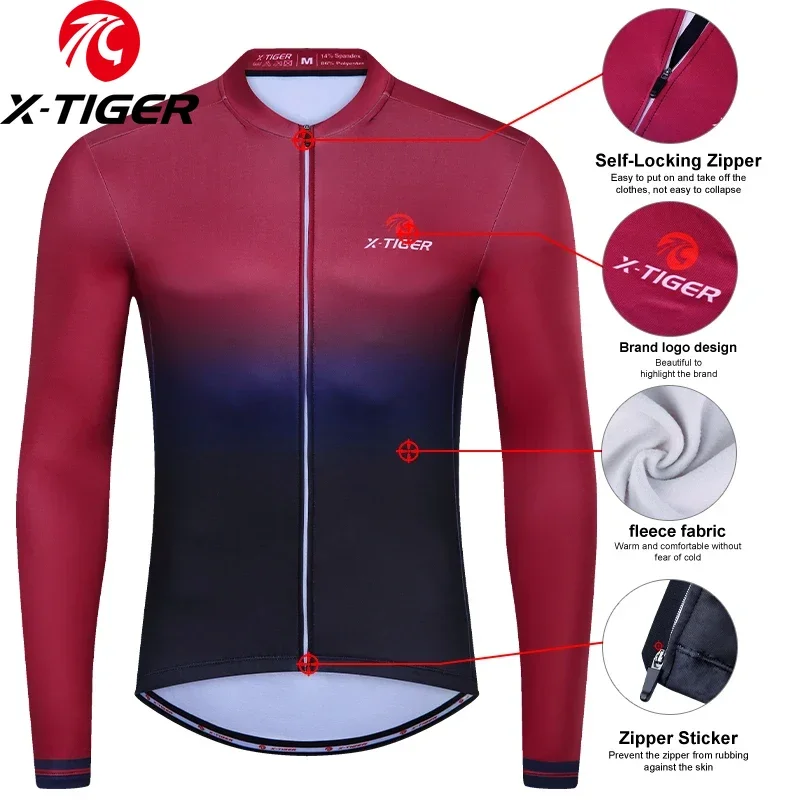 

X-TIGER флисовый велосипедный трикотаж для шоссейного велоспорта с длинными рукавами и подкладкой, мужской осенне-зимний теплый велосипедный трикотаж с градиентной серии