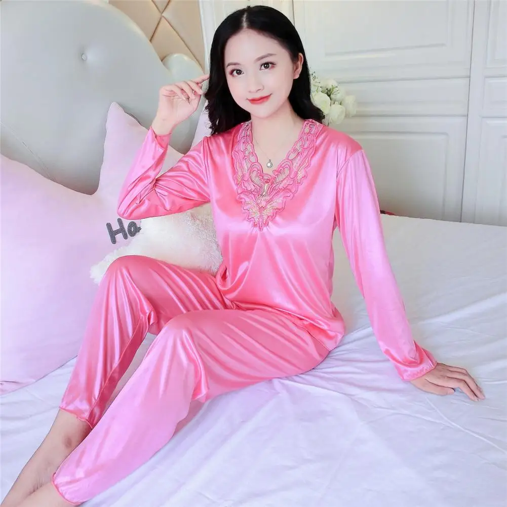 Soft Comfortable Sleepwear Elegant Silky Satin Pajamas Set with Lace Flower Embroidery V Neck Design Elastic Waist for Women