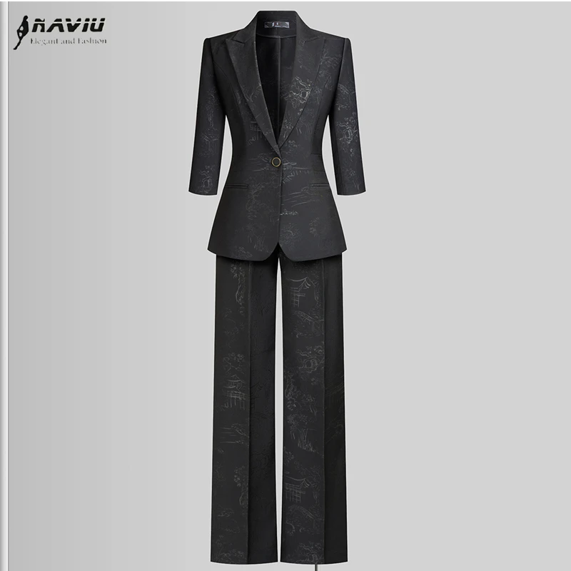 

Элегантный женский костюм NAVIU с принтом: пиджак с длинным рукавом на одной пуговице и отложным воротником, брюки с широкими штанинами. Новая весенняя коллекция 2026.