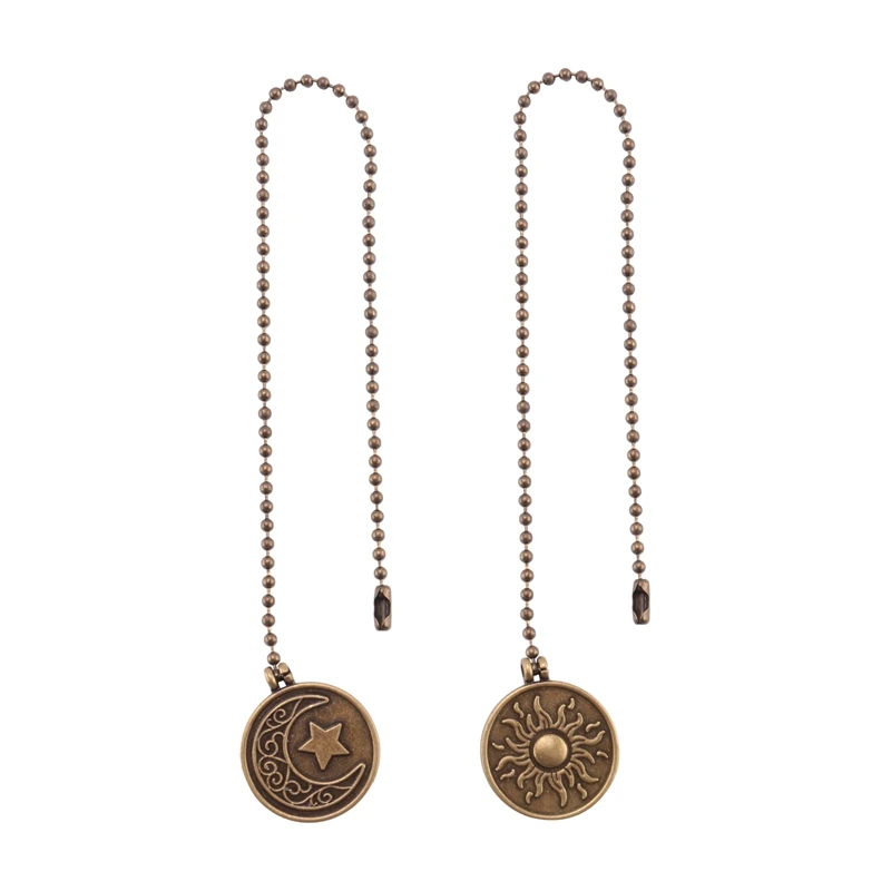 2Pcs Ceiling Fan Pull Chain Set Sun & Moon Pattern Pull Chains Extension Copper Beaded Ball Fan Pull Chain With Ornament