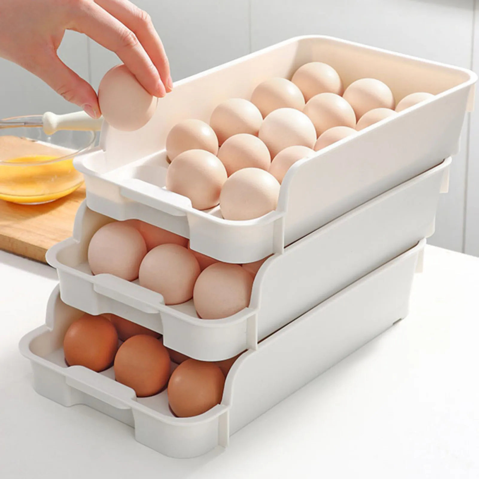 Refrigerator Automatic Scrolling Egg Rack Holder 2/4 Tiers Storage Box Egg Rolling Basket Containers Kitchen Egg Case Organizer