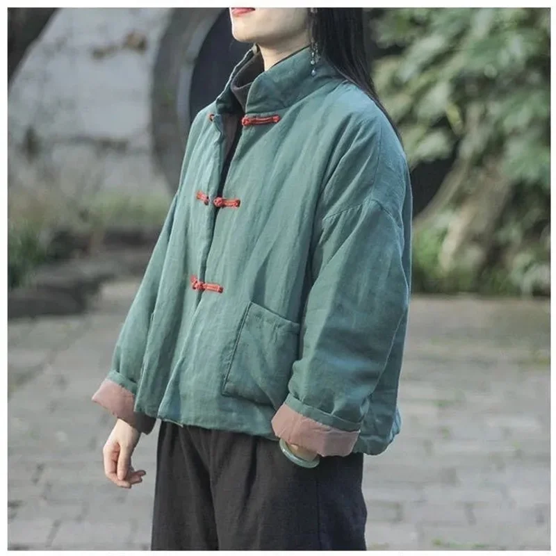 Autumn/Winter 2026 Retro Women's Cotton Hemp Women's Cotton Coat Loose Thick Short Soft And Sticky Stand Up Collar Cotton Coat