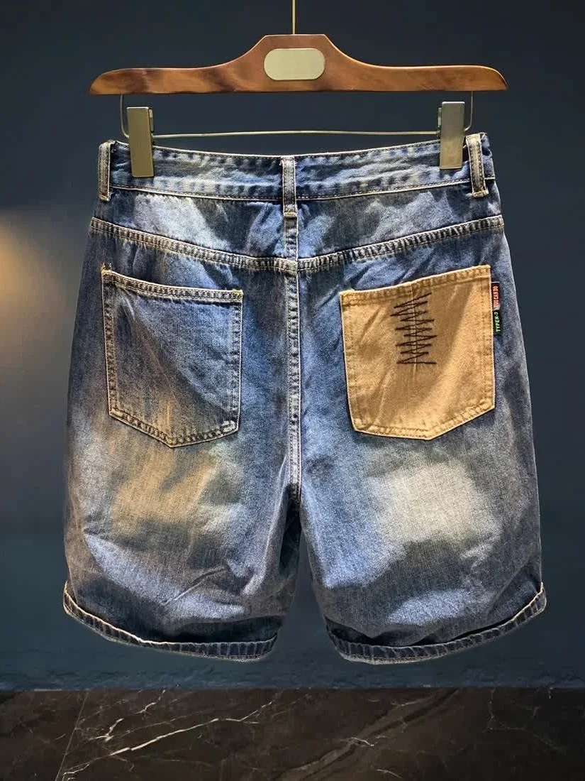 American High Street Style Men's Summer New Loose Straight Leg Jeans Shorts Washed out Five Parts Casual Breathable Jeans