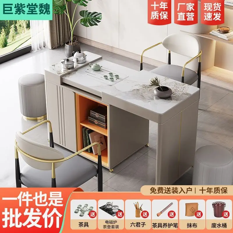 Light luxury slate telescopic tea table, household balcony, movable tea cart, modern simple small apartment tea making