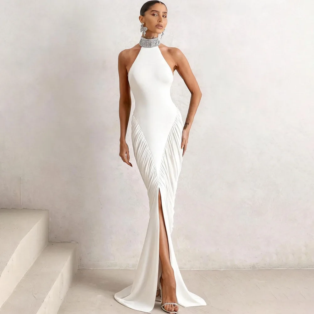 Blifanbo moda Halter espalda descubierta Sexy Maxi vestido elegante plisado cintura alta Split ceñido al cuerpo fuera del hombro Club vestido de fiesta