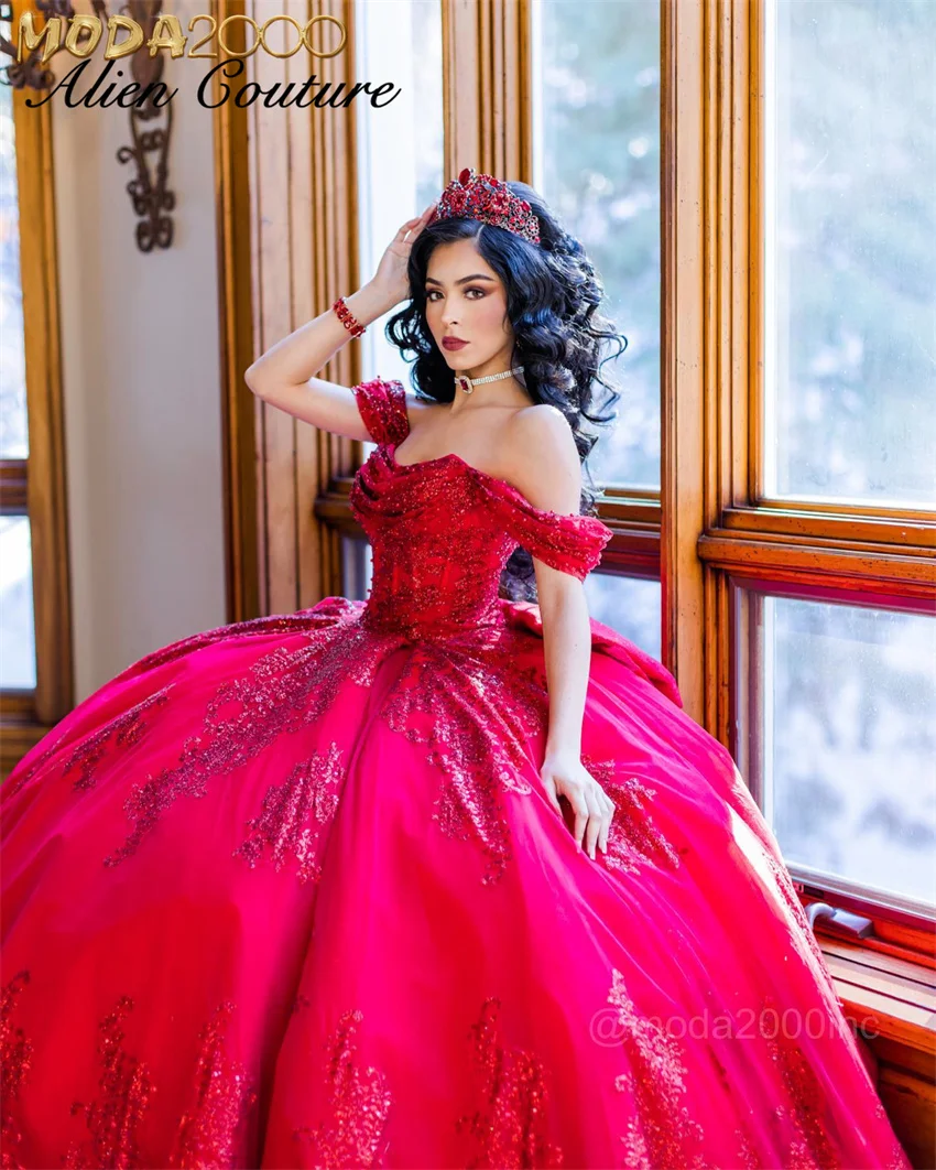 

Luxury Red Quinceanera Dresses Ball Gown Birthday Gown Bead Sequins Appliques With Bow Sweet 15 Vestidos Customized