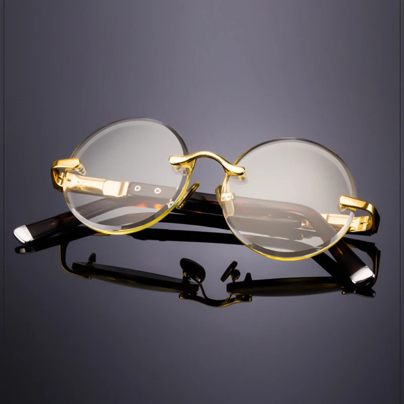 Round Rimless Glass Sunglasses Man Natural Crystal Sunglasses Mineral Lens Woman Luxury Brand Vintage Acetate Frame Anti Scratch