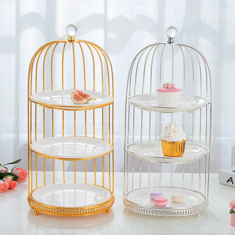 Birdcage Cake Stand Two Floors Three Ceramic Plate Golden Silver Metal Snack Rack Dessert Pastry Tray Display