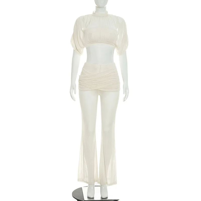 Solid Color Mesh Splicing Perspective Short Top Flared Pants Two-Piece Set