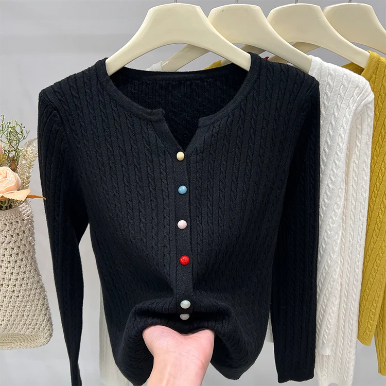 2025 Solid Long Sleeve Single Breasted Knitted Sweater Autumn Winter Women's O-neck Cardigan Colorful Buttons Versatile Tops