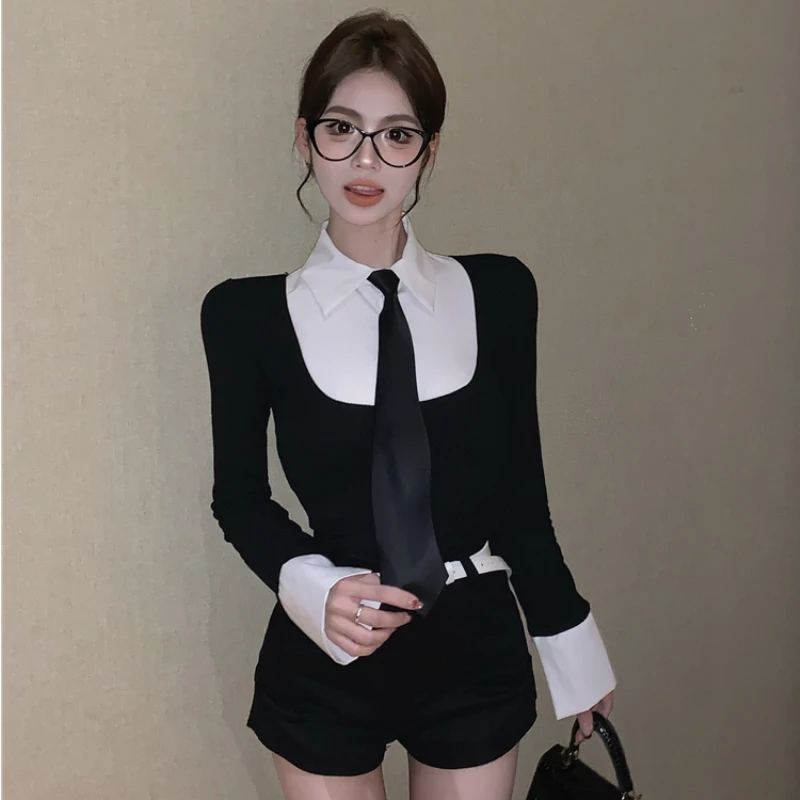 Women Shorts Sets Color Collision Long Sleeve T-shirts Women + High Waist A-Line Solid Color Shorts Fashion Two-piece Set Female