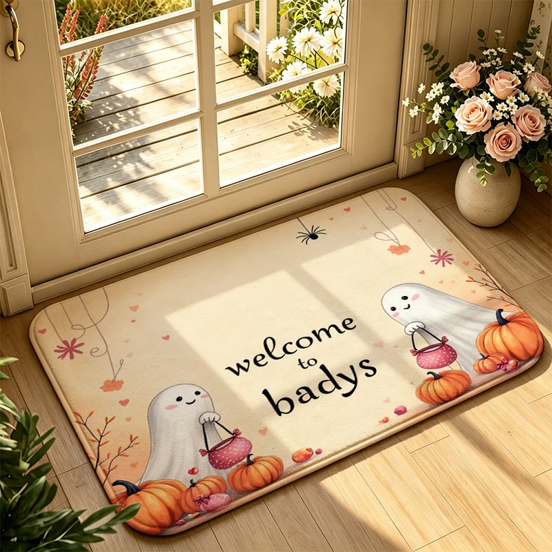 Sweet Pink Halloween Decorative Floor Mat Cute Ghost Bow Pumpkin Floral Print for Home Entryway Indoor Spooky Season Party Decor