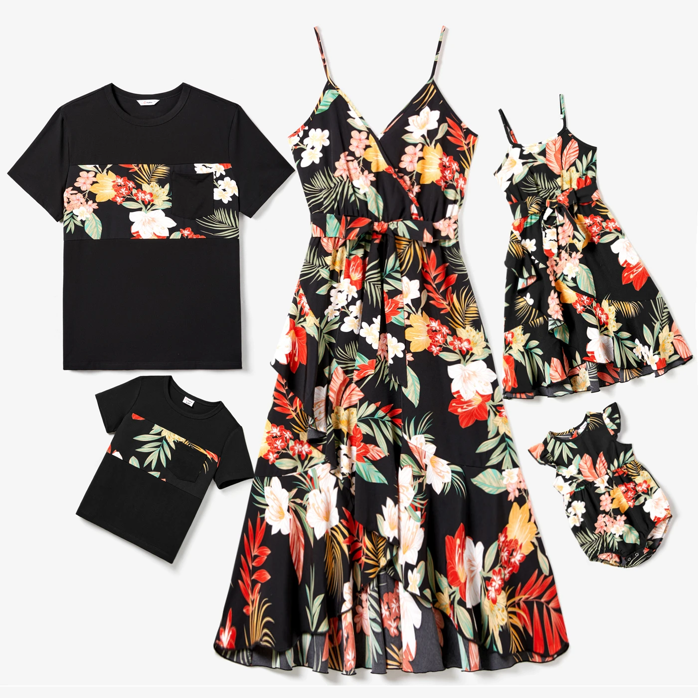 

PatPat Family Matching Large Floral Wrap Front Strap Dress and Colorblock T-shirt Sets