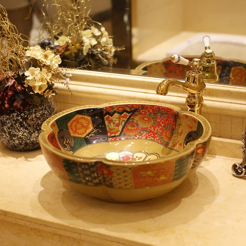 Europe Vintage Style Art Porcelain Countertop Basin Sink Ceramic Bathroom Vessel Sinks Vanities ceramic vessel basin