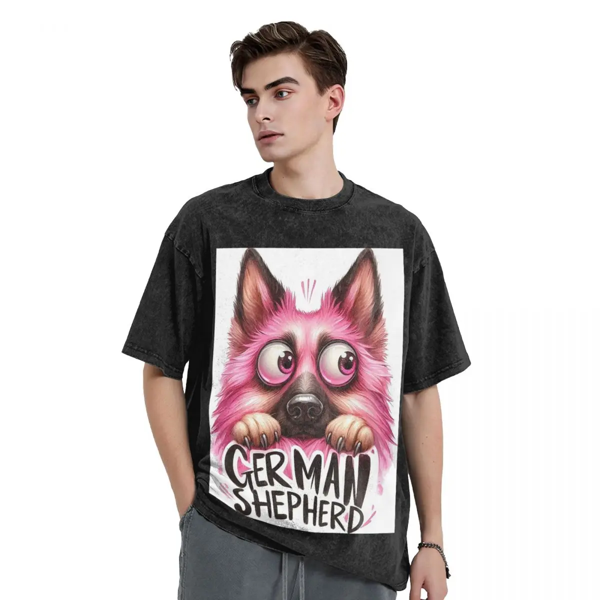 

Pink German Shepherd Dog Washed T Shirts Cotton Short Sleeve Hip Hop T-Shirt Streetwear Tops Tees for Men Women