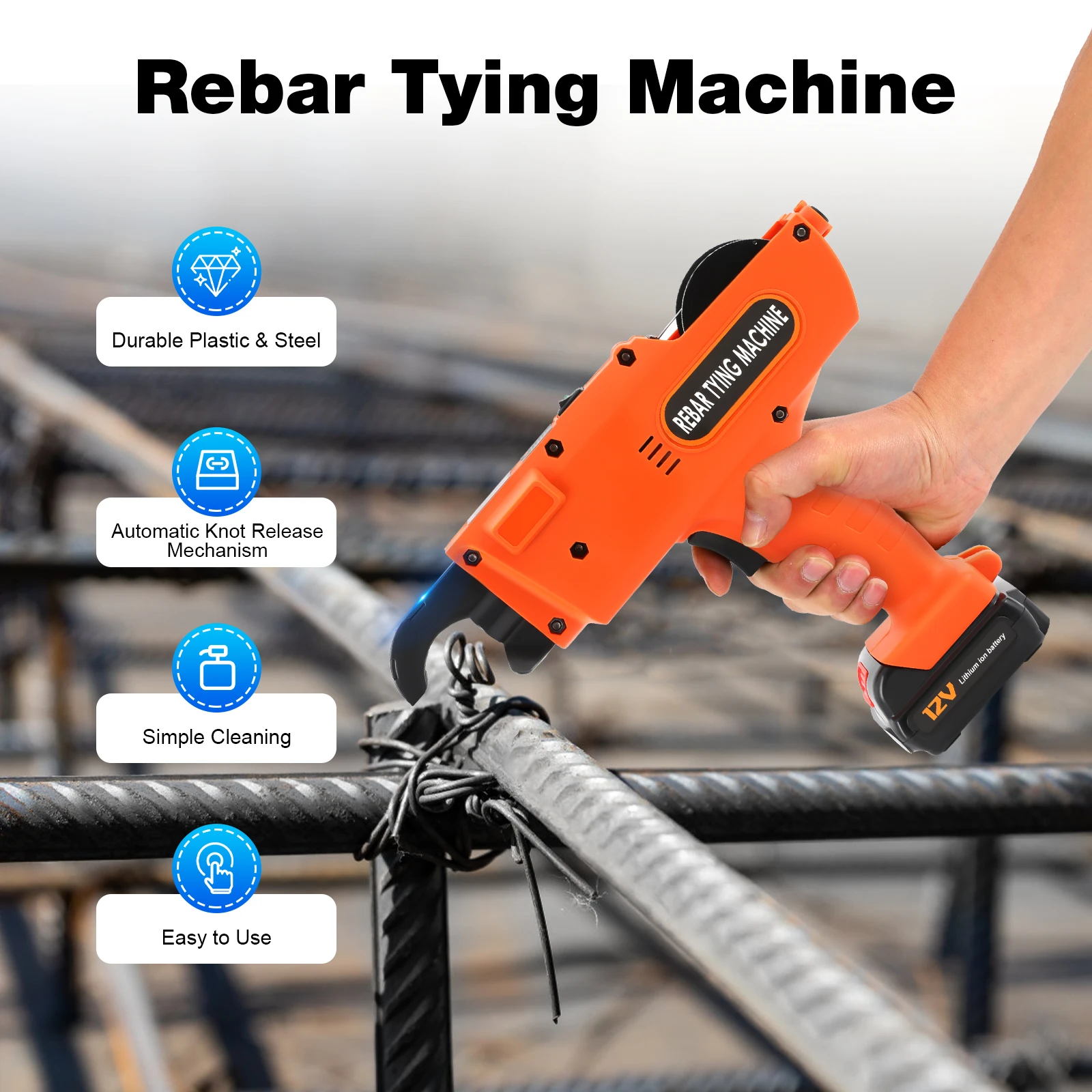 8mm-34mm Automatic Rebar Tier Binding Machine 12V 4500mAh Electric Handheld Rebar Tying Machine Wire Pliers Tool Kit w/Batteries