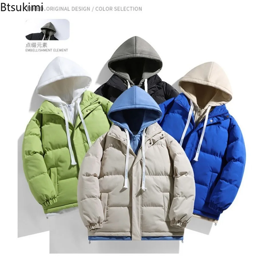 New Men's Hooded Parkas Thickened Warm Casual Coats Winter Jackets Hip Hop Streetwear Male Fake Two Pieces Coldproof Outerwear