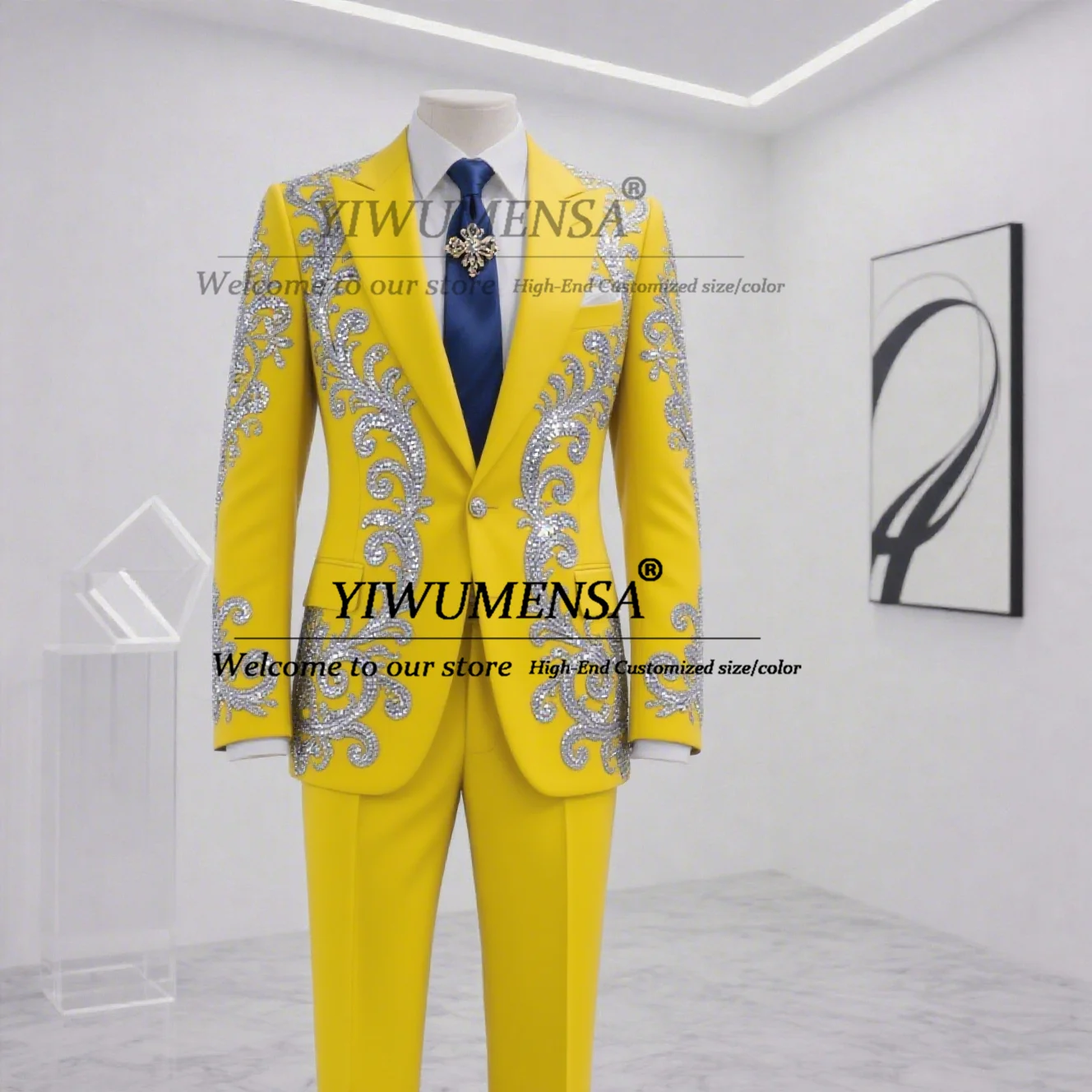 

Мужской модный темно-синий костюм с кристаллами и бисером для свадьбы, блестящие однобортные пиджаки для выпускного, наряд по индивидуальному заказу, костюм из 2 предметов для мужчин