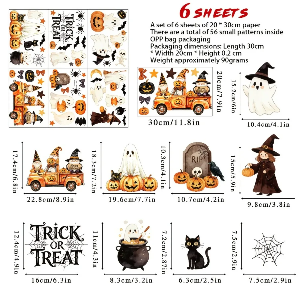 6 Blatt, 56 einzigartige Designs für Halloween, statische Fensterfolien, Aquarell-Motiv, Kürbis, Geist, Hexe, Gnom, LKW, schwarze Katze, Spinne – Detail 6