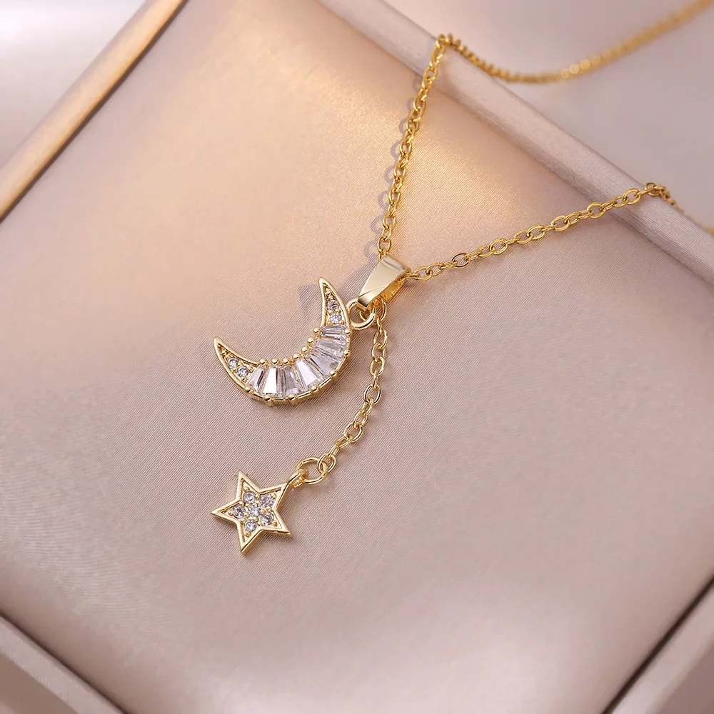 Stainless Steel Chain Classic Shiny Zircon Star Moon Pendant Necklace for Women Lady Vintage Jewelry Accessories Gifts for Lover