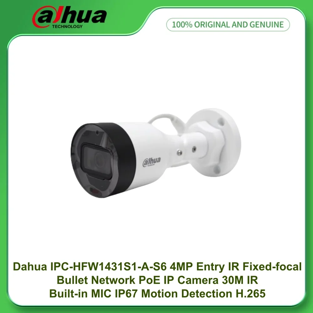 Dahua IPC-HFW1431S1-A-S6 4MP Entry IR Fixed-focal Bullet Network PoE IP Camera 30M IR Built-in MIC IP67 Motion Detection H.265