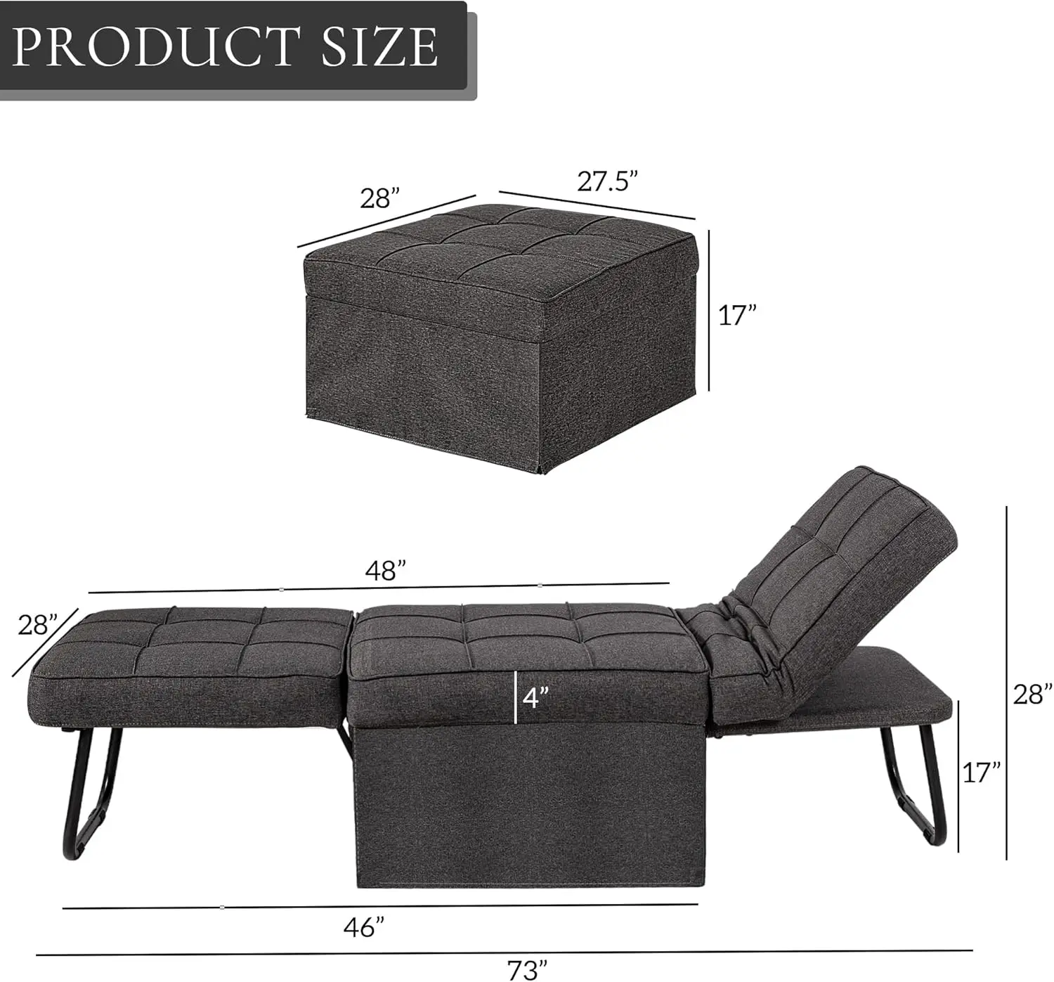 Sleeper Chair,Sofa Bed Couched for Living Room, 4 in 1 Multi Function Convertible Ottoman with Adjustable Backrest