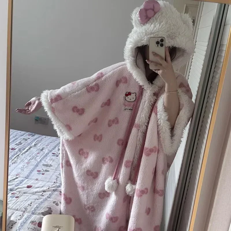 Miniso Kawaii Hellokitty Plush Robes Girls Cute Sanrio Anime Y2K Pajamas Hooded Blanket Casual Fleece Sleepwear Women Clothing