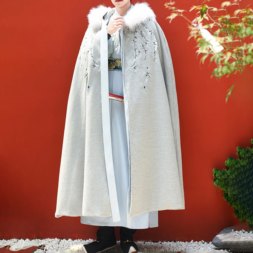 Chinese Style Cloak Hanfu Double-Sided Wool Warm Plus Velvet Thickened Men Winter Fashion Detachable Large Fur Collar Cloak