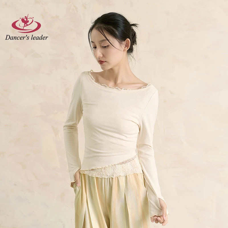 

Современный танец, классический китайский танец, осенняя женская одежда, повседневная одежда, лоскутный кружевной топ с длинными рукавами