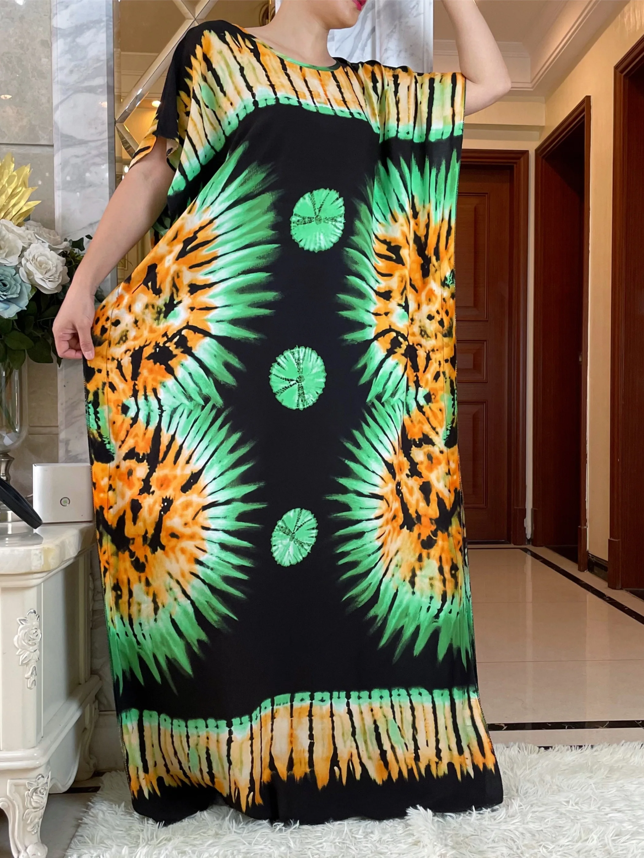 2024New African Women\'s Summer Short Sleeve Dashiki Cotton Floral Dress Printed Loose Caftan Abaya With Big Scarf Casual Vestido