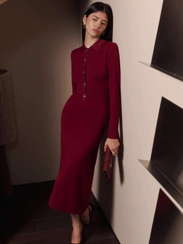 

Metal button dress, knitted long skirt, lapel long sleeve, high waist, medium long hair dress