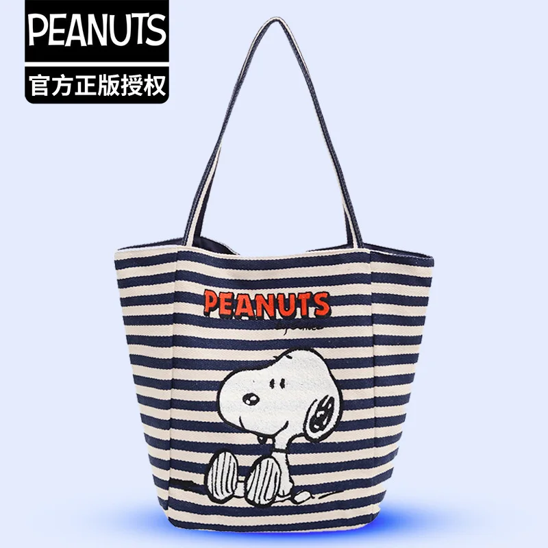 

Новинка 2025 года, оригинальная сумка на плечо Snoopy SNOOPY в полоску с аппликацией и вышивкой, большая вместительная сумка-тоут, школьная сумка для студентов