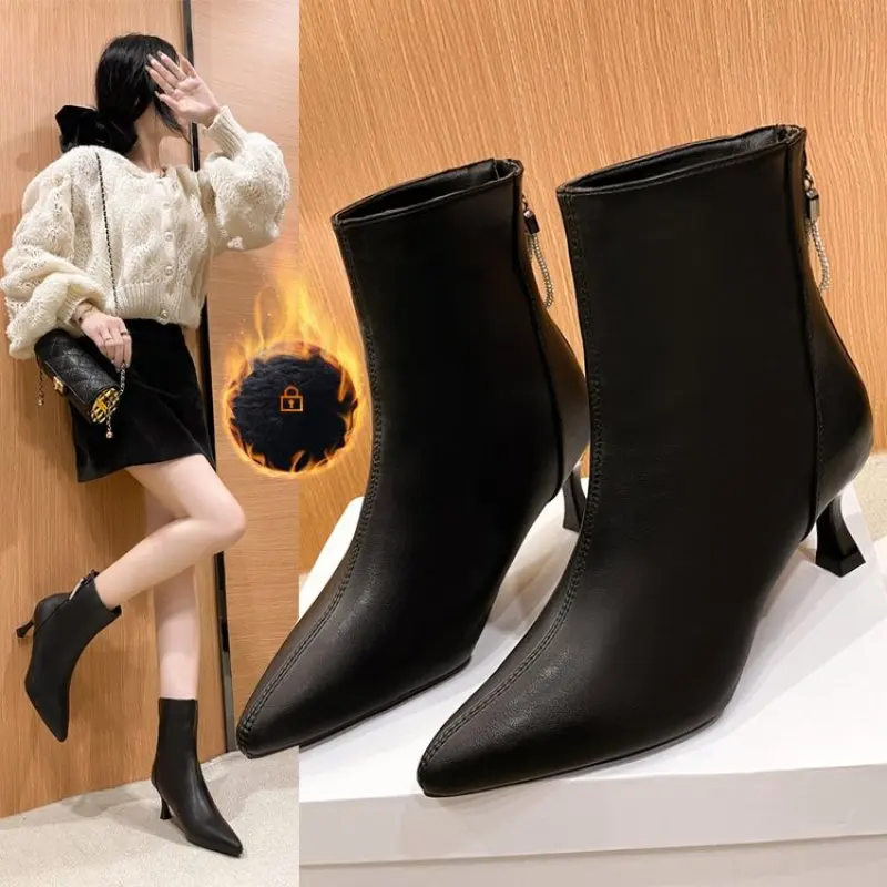 

Women Boots High Heels Pointe Shoes Boots-Women Zipper Stiletto Pointy Rubber Ladies 2024 Ankle Autumn Flock Pointed Toe plush