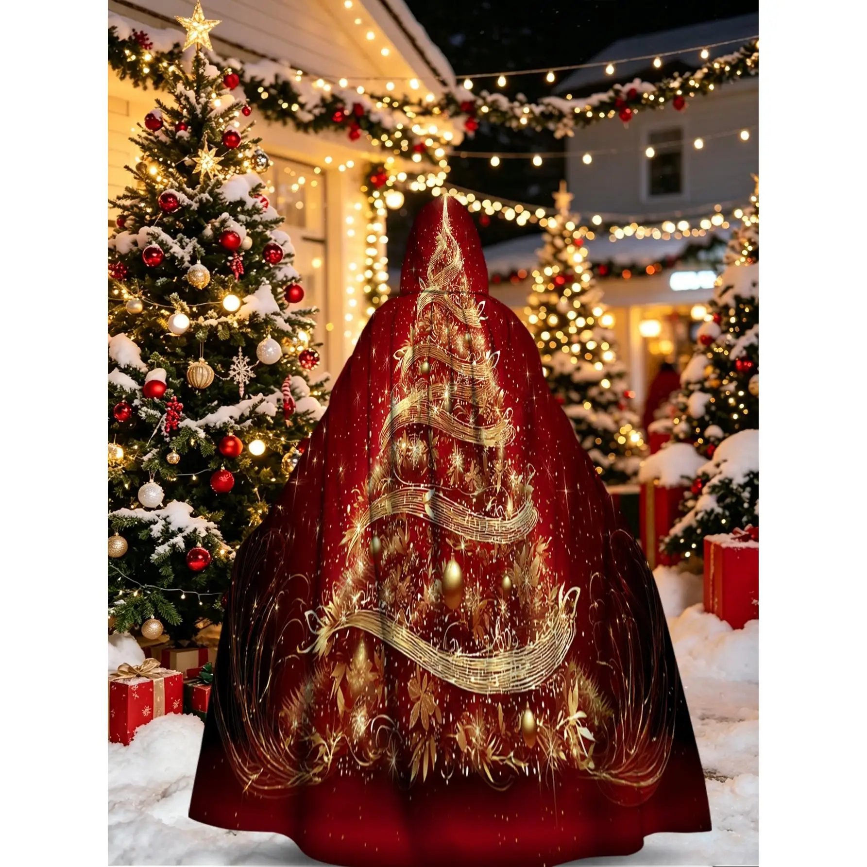 2D Flat 1pc Merry Christmas Easy to Pair Hooded Cape Christmas Golden Tree Design 100% Christmas Perfect for Festive Party
