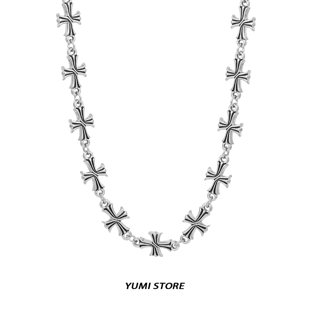 

Retro Flower Cross Necklace For Man Woman Non Fading Titanium Steel Clavicle Choker Luxury Hip Hop Couple Jewelry Punk Gift