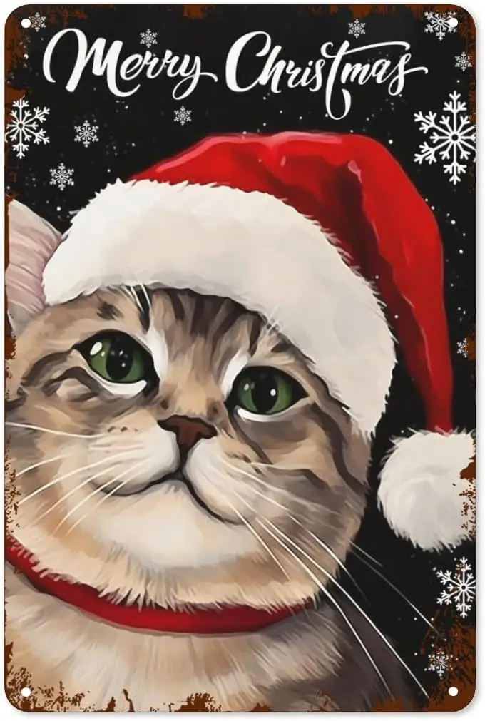 Merry Christmas Cat Tin Sign Vintage Merry Christmas Metal Sign Rustic Wall Decor For Home Bedroom Kitchen Club Metal Sign  sign