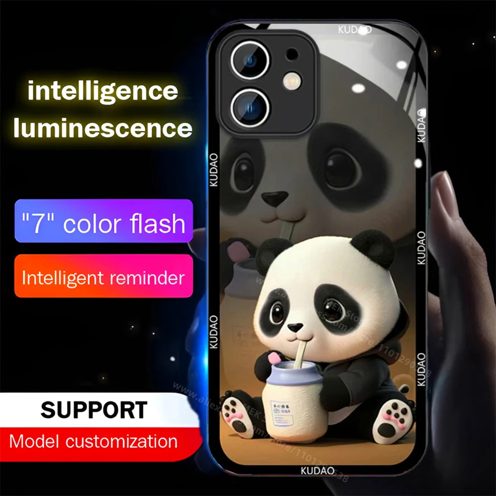 Naughty Panda Pattern LED Light Phone Case Glitter Shockproof Back Cover For iPhone 16 15 14 13 12 11 Pro Max X XR Plus