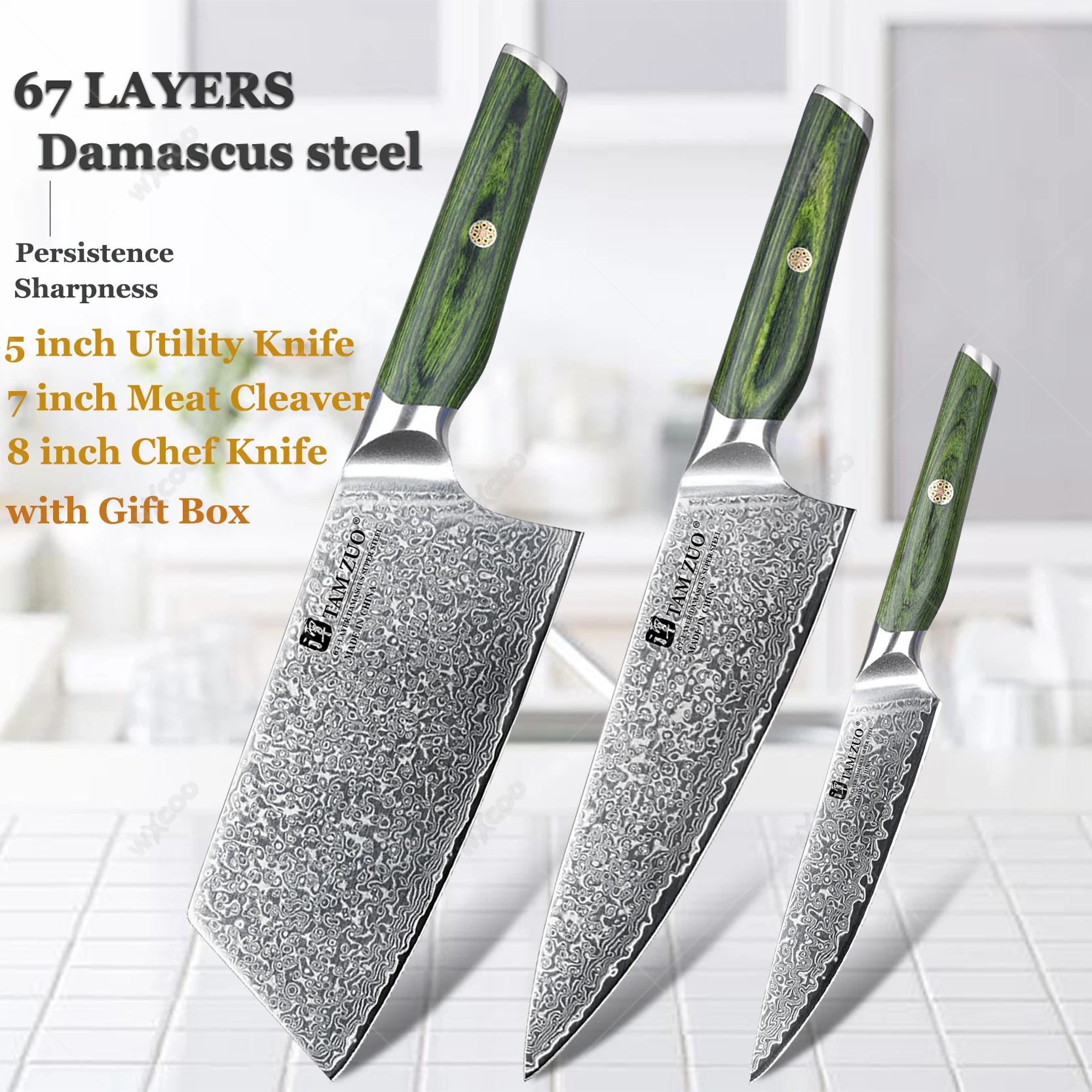 

1-3PCS Knives Japan 67 Layer Damascus VG10 Steel Core Chef Knife Kitchen Santoku Utility Knife Cooking Tools with Gift Box