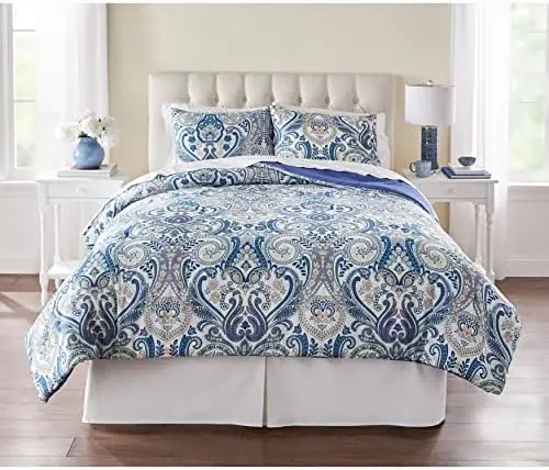 

3 Piece Microfiber Comforter Set Paisley Bedding - Twin, Blue Bed sheets set full size Cotton duvet cover Cuphead Lankybox Silk