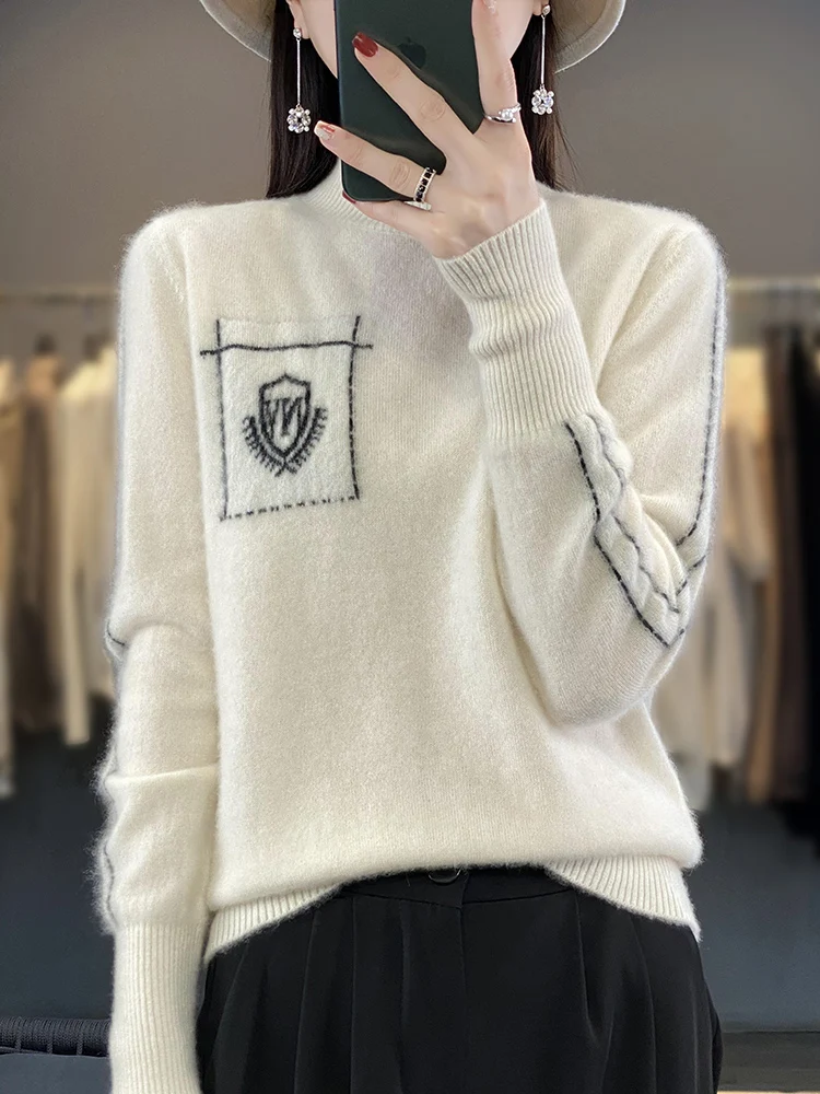 Autumn and winter new 100% merino wool women\'s semi high neck sweater knitting casual pullover loose soft color contrast blouse