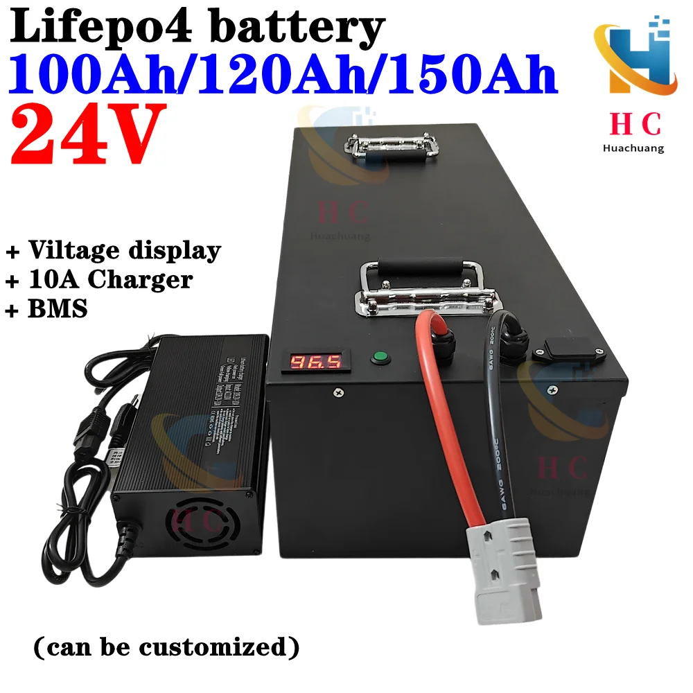 Lifepo4 24v 100ah 120ah 130ah 150ah battery with 100A BMS for electric fishing boat solar panel 24V 2000W inverter +10A Charger