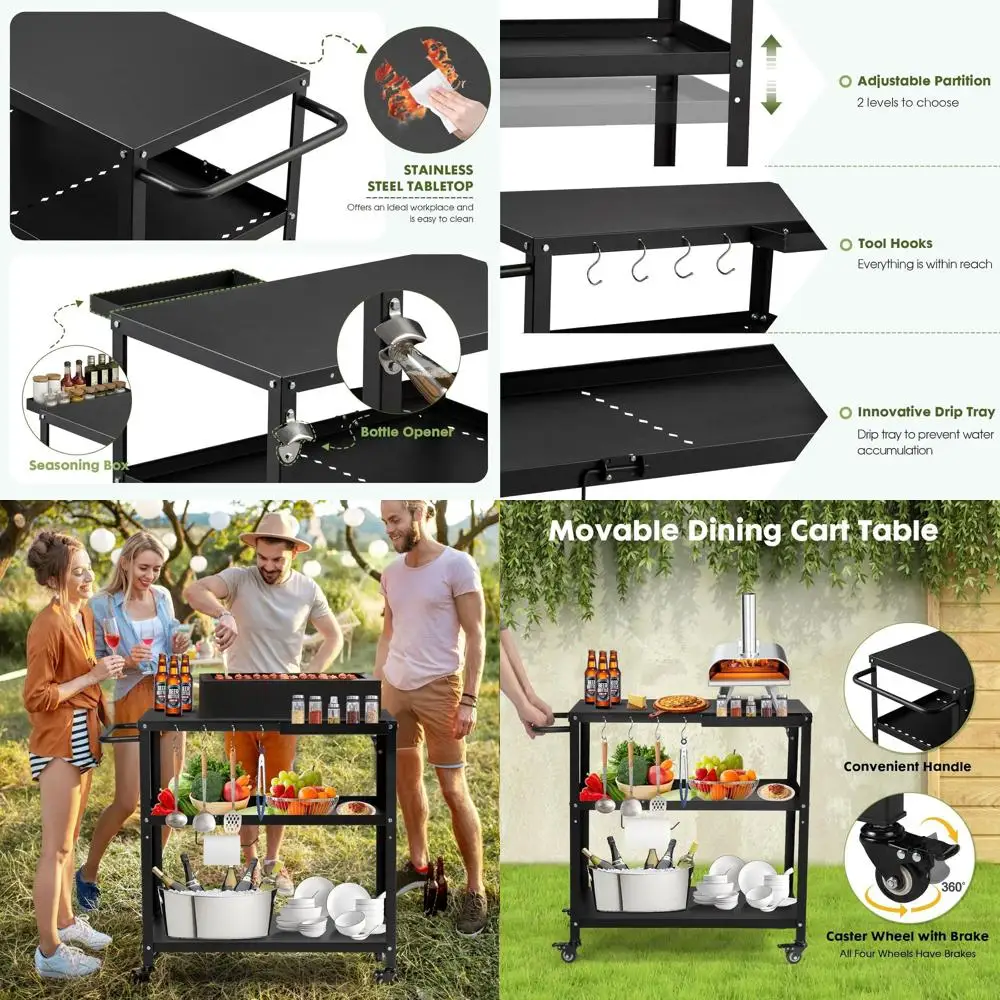 

Multifunctional Outdoor Grill Cart with Pizza Oven, 4 Lockable Casters, Hooks, and Side Handle - Black