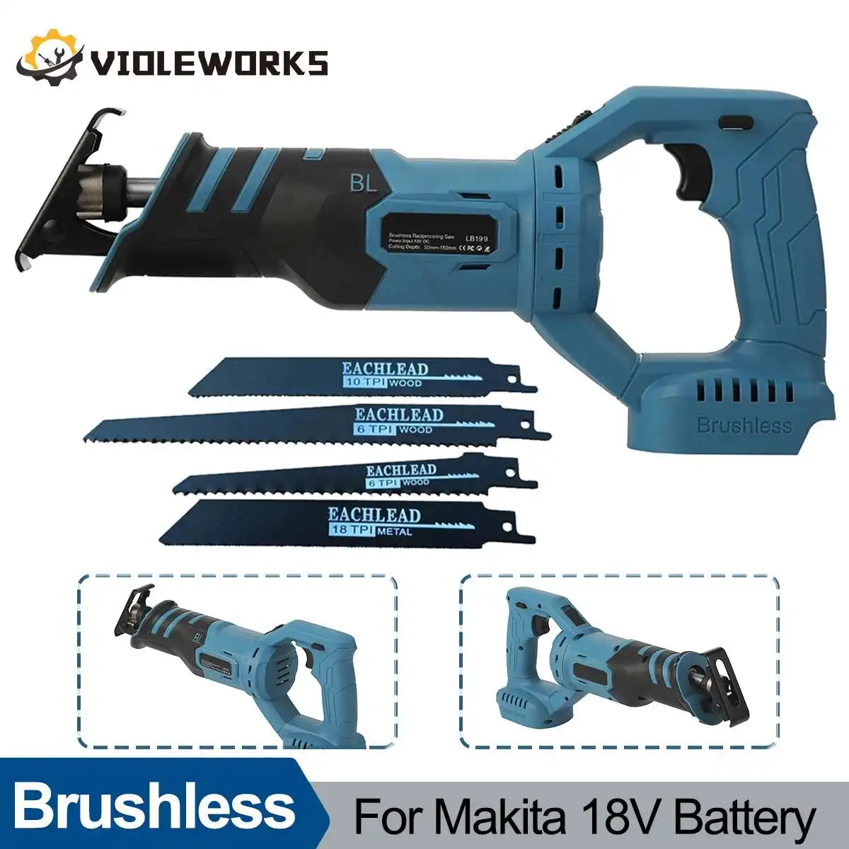 

Cordless Electric Reciprocating Saw with 4 Blades Brushless Motor Wood Plastic Metal Cutting Saw for Makita 18V Battery