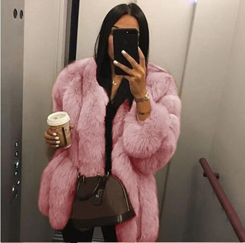 Luxury Long Faux Fox Fur Coat Women Slim Solid Color Faux Fur Jacket Women 4XL Large Size Winter Fake Fur Coats Manteau Fourrure